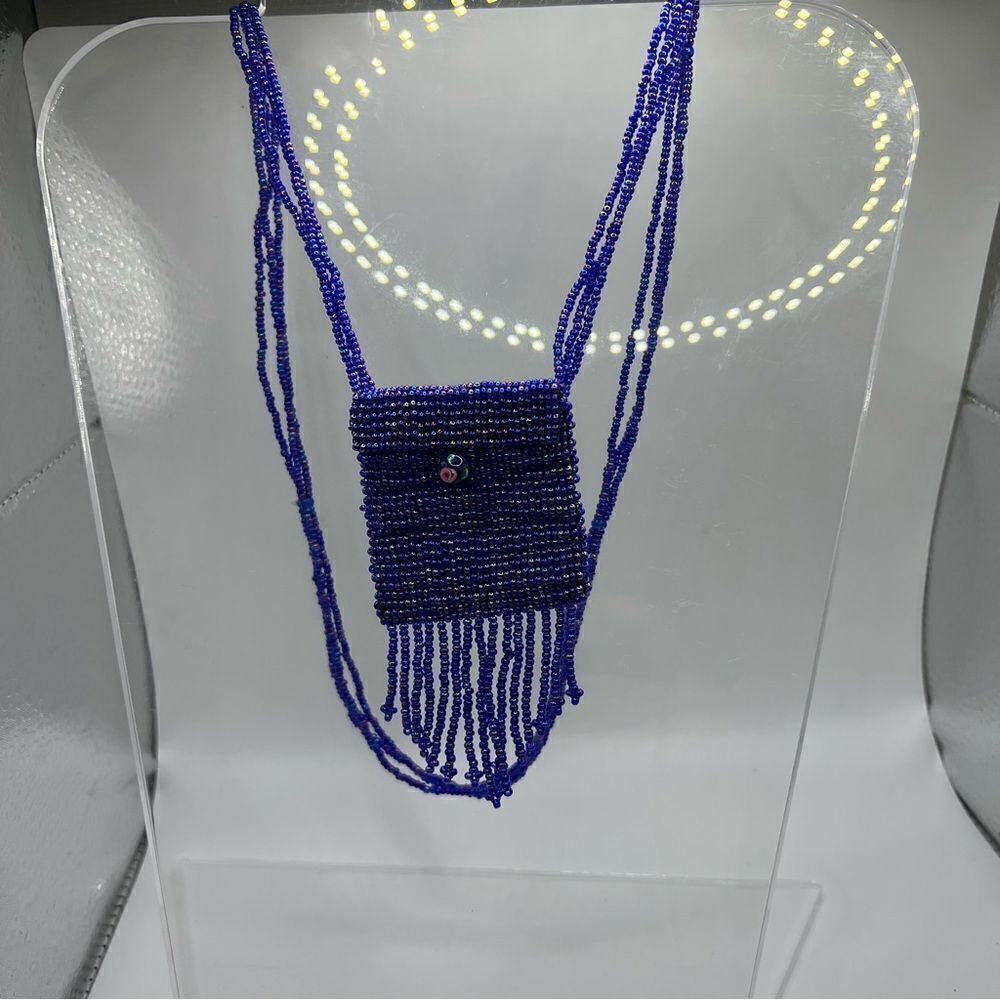 Vintage Purple Color Beaded Amulet Pouch Necklace with Rose Glass Bead - Picture 7 of 8